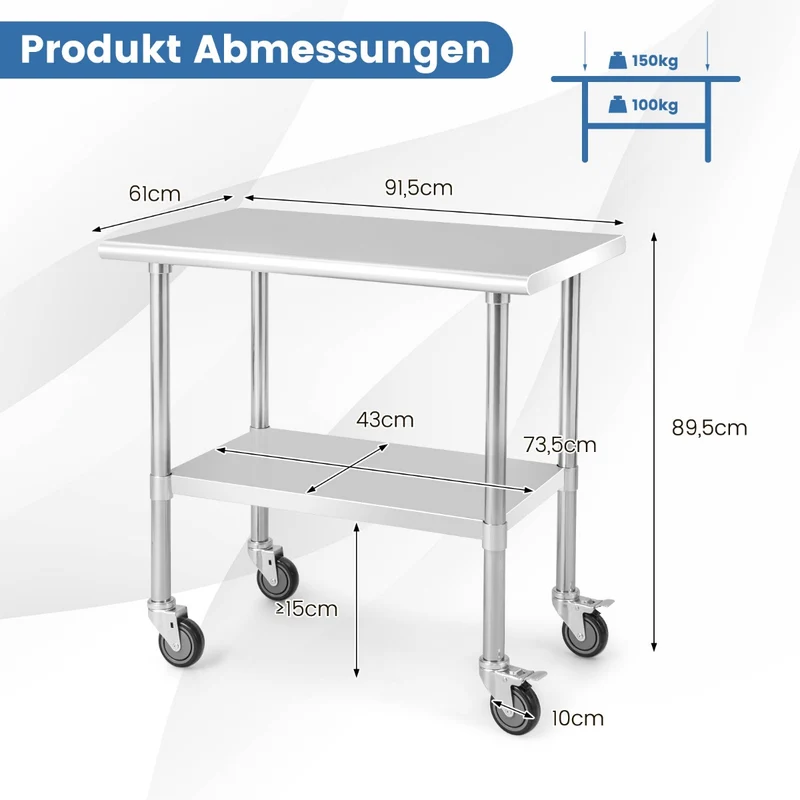 Costway – Küchenwagen, Edelstahltisch und Arbeitstisch auf Rollen, Edelstahl/Silber, 91,5 × 61 × 89,5 cm