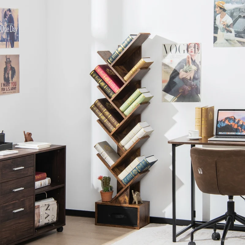 Costway – Baumförmiges Bücherregal mit 10 Ablagen und Schublade, 38 × 21,5 × 149,5 cm, Rustikales Braun