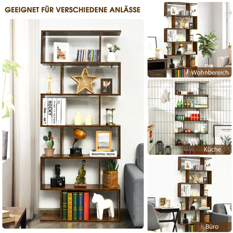 Costway – S-förmiges Bücherregal mit 6 Ebenen, freistehend oder zur Wandmontage, Weiß/Schwarz