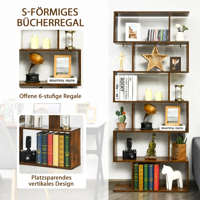 Costway – S-förmiges Bücherregal mit 6 Ebenen, freistehend oder zur Wandmontage, Weiß/Schwarz
