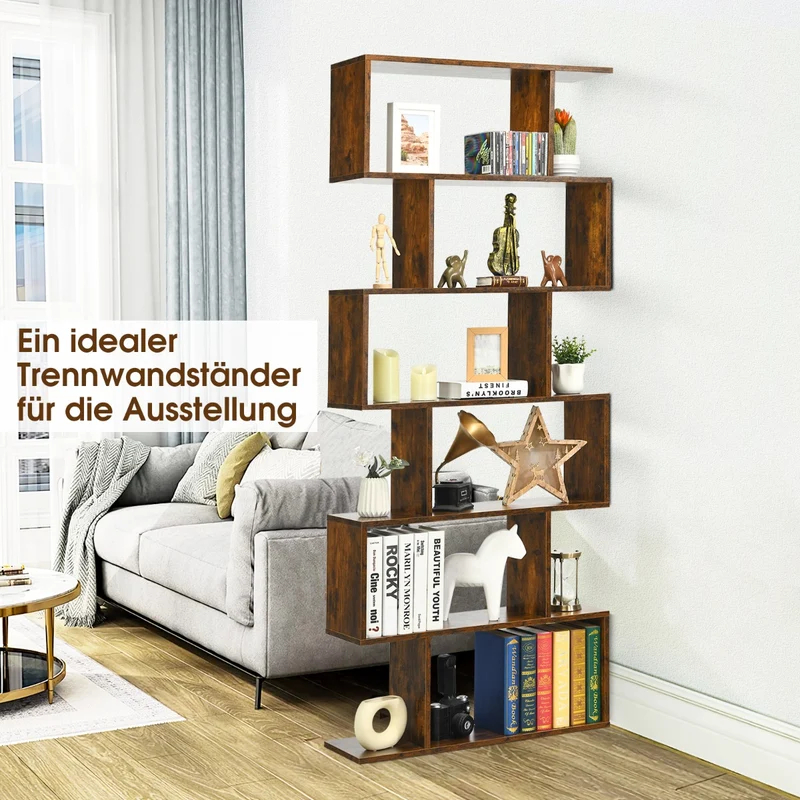 Costway – S-förmiges Bücherregal mit 6 Ebenen, freistehend oder zur Wandmontage, Weiß/Schwarz