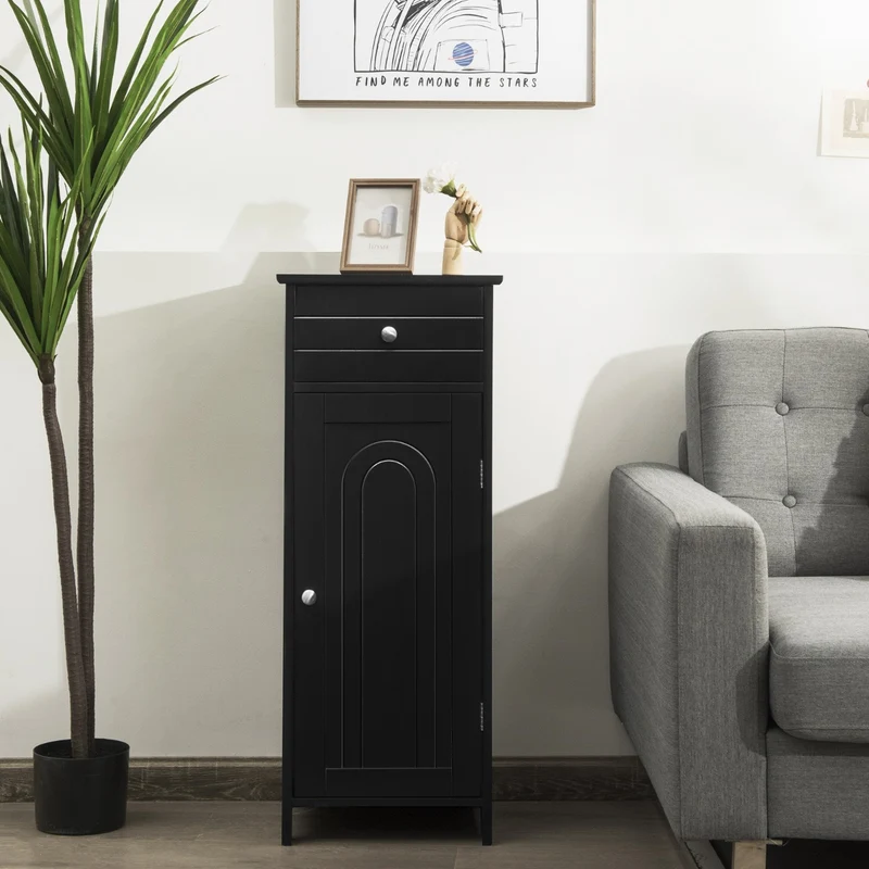Costway Badezimmer-Bodenschrank freistehender Schrank mit 1 großen Schublade & 2 verstellbaren Regale Schwarz