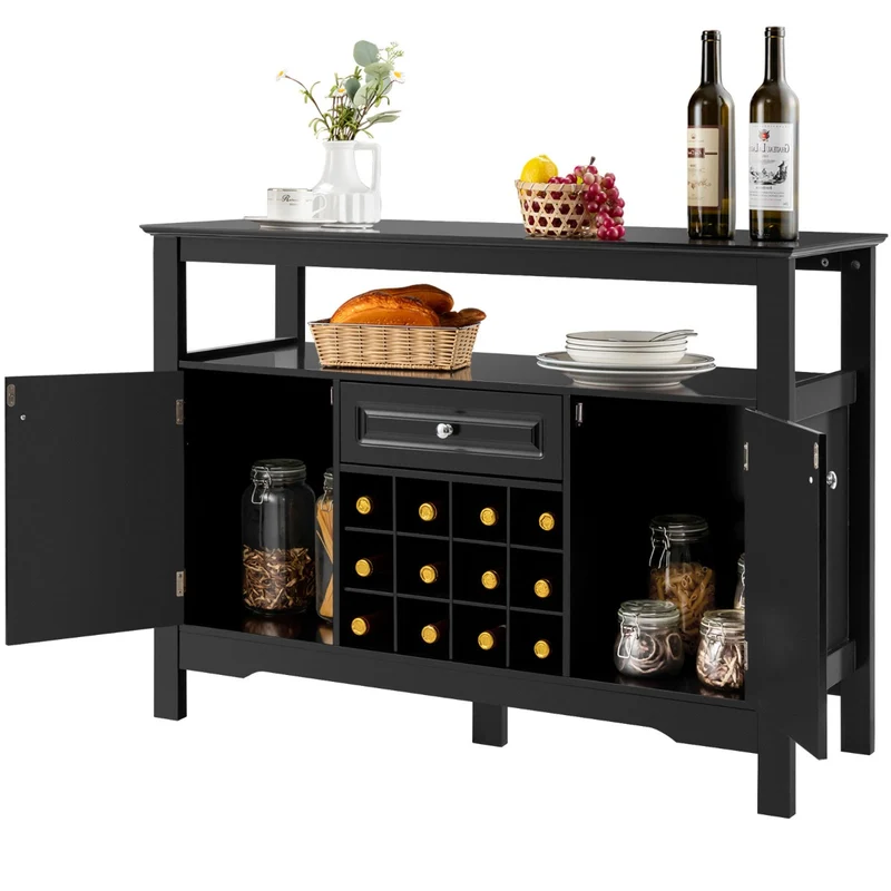 Costway - Sideboard, Weinregal, Flaschenregal, Modernes Esszimmerbuffet mit Weinregal und Schränken & Schublade 117 x 40,5 x 82,5 cm Schwarz