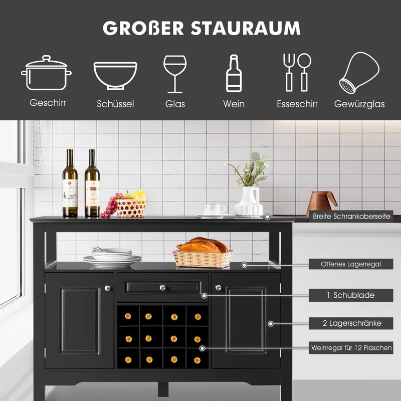 Costway - Sideboard, Weinregal, Flaschenregal, Modernes Esszimmerbuffet mit Weinregal und Schränken & Schublade 117 x 40,5 x 82,5 cm Schwarz