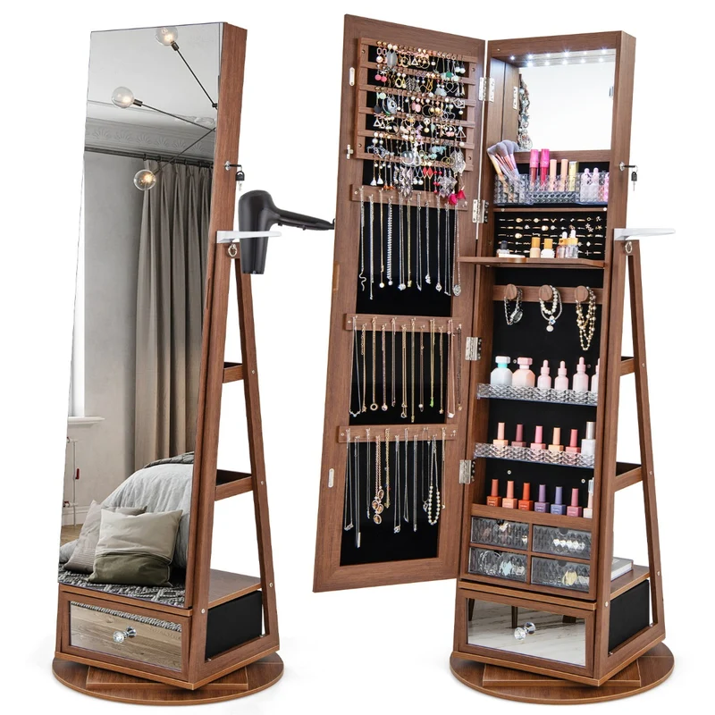Costway - Schmuckschrank, Spiegelschrank, Schmuckaufbewahrung, Schmuckschrank 360° drehbar Spiegelschrank mit Ganzkörperspiegel 140 x 37 cm Braun