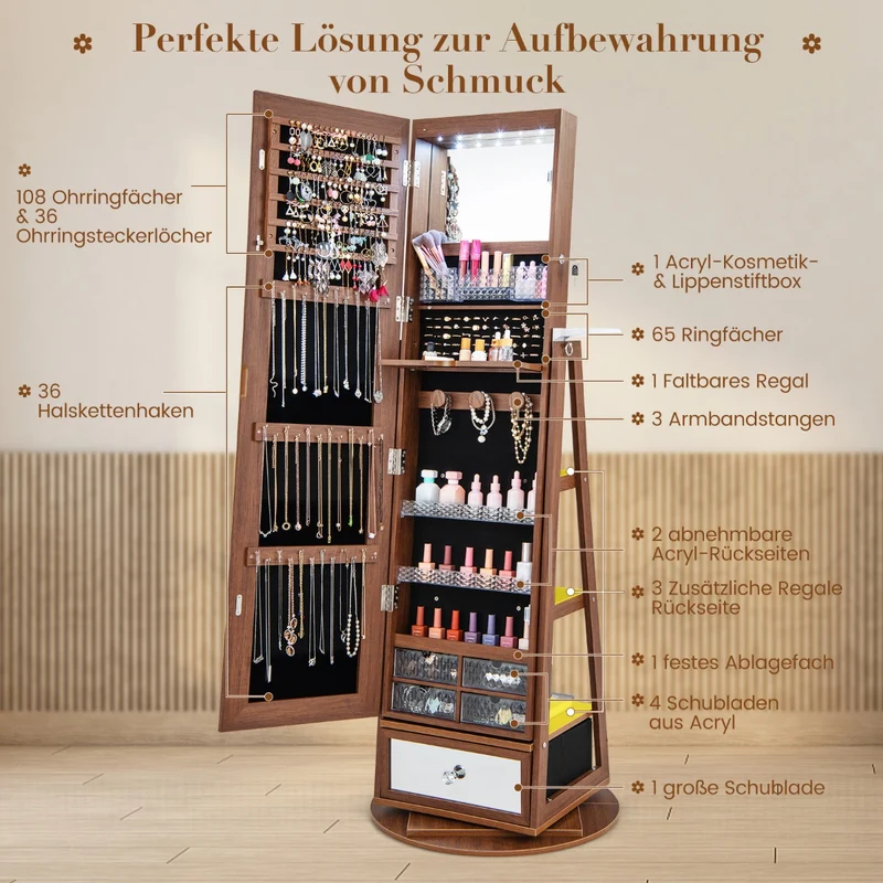 Costway - Schmuckschrank, Spiegelschrank, Schmuckaufbewahrung, Schmuckschrank 360° drehbar Spiegelschrank mit Ganzkörperspiegel 140 x 37 cm Braun