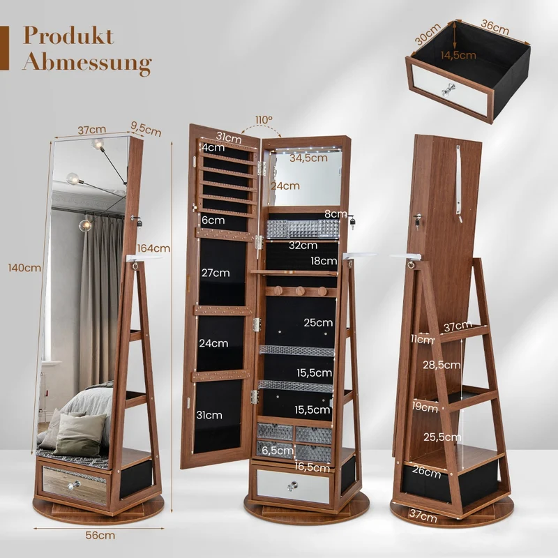 Costway - Schmuckschrank, Spiegelschrank, Schmuckaufbewahrung, Schmuckschrank 360° drehbar Spiegelschrank mit Ganzkörperspiegel 140 x 37 cm Braun