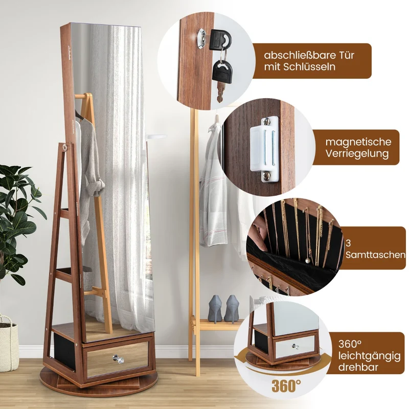 Costway - Schmuckschrank, Spiegelschrank, Schmuckaufbewahrung, Schmuckschrank 360° drehbar Spiegelschrank mit Ganzkörperspiegel 140 x 37 cm Braun