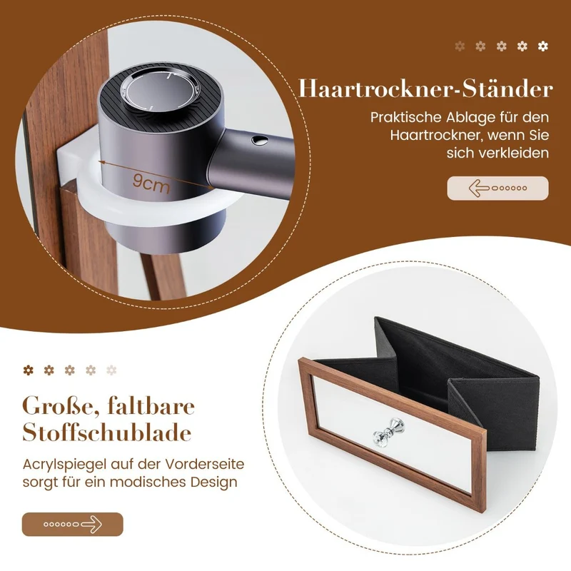 Costway - Schmuckschrank, Spiegelschrank, Schmuckaufbewahrung, Schmuckschrank 360° drehbar Spiegelschrank mit Ganzkörperspiegel 140 x 37 cm Braun