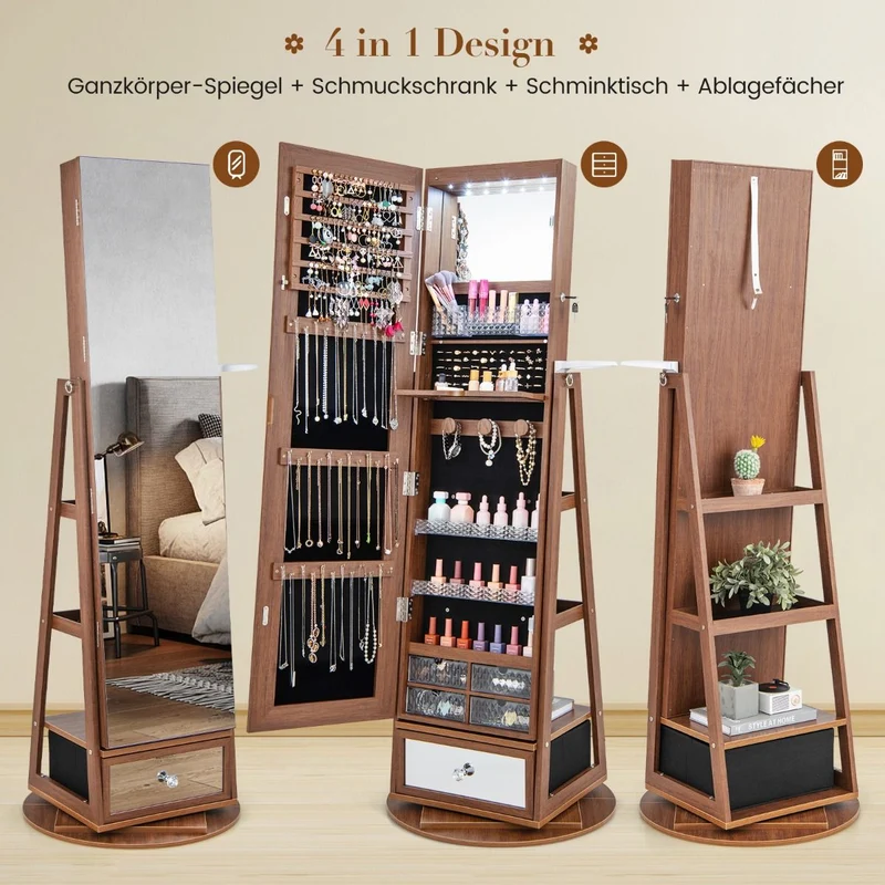 Costway - Schmuckschrank, Spiegelschrank, Schmuckaufbewahrung, Schmuckschrank 360° drehbar Spiegelschrank mit Ganzkörperspiegel 140 x 37 cm Braun