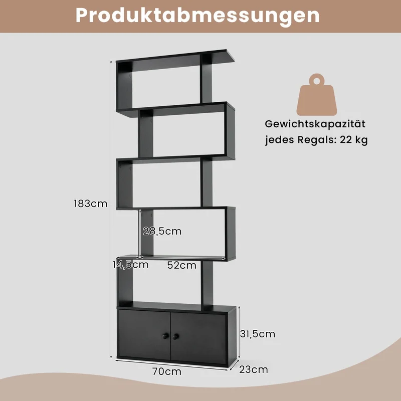 Costway - Bücherregal,Bücherregal mit Türen & 5 Ebenen, Standregal, aus Holz 183 x 70 x 23 cm Raumteiler Schwarz