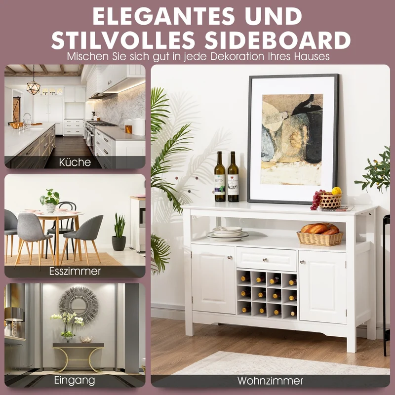 Costway - Sideboard, Modernes Esszimmerbuffet mit Kreuzförmigem, Weinregal, Flaschenregal, Offenem Regal 2 Schränken & Schublade Weiß