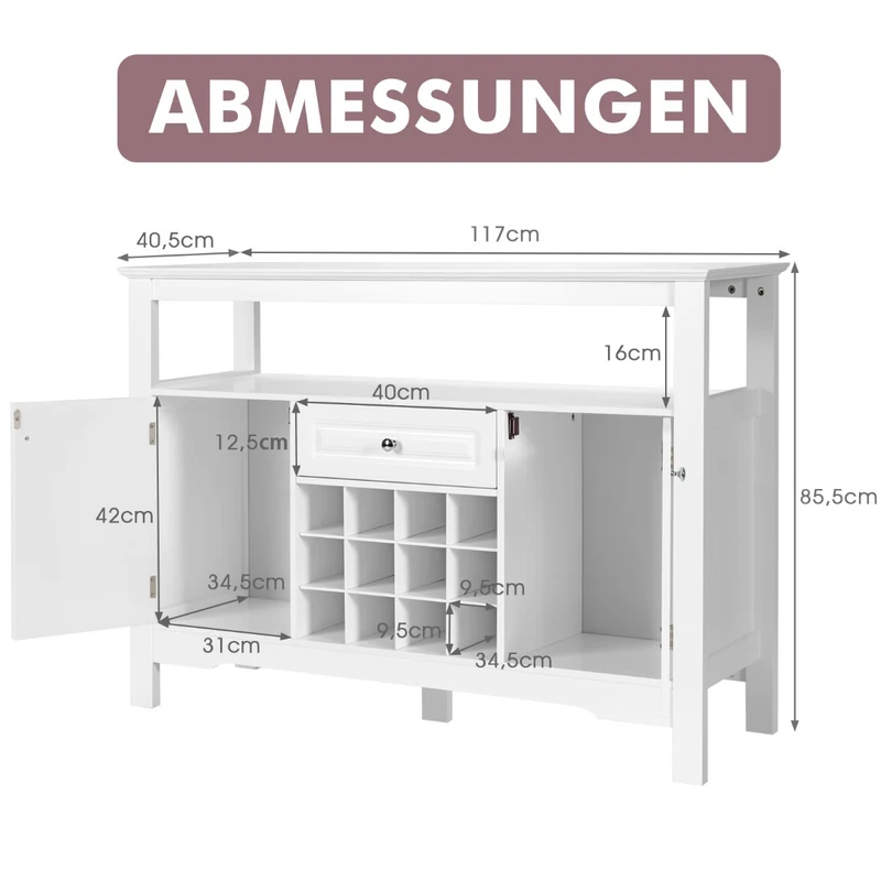 Costway - Sideboard, Modernes Esszimmerbuffet mit Kreuzförmigem, Weinregal, Flaschenregal, Offenem Regal 2 Schränken & Schublade Weiß