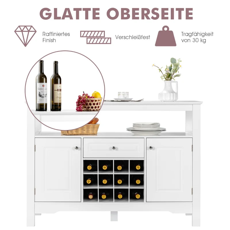 Costway - Sideboard, Modernes Esszimmerbuffet mit Kreuzförmigem, Weinregal, Flaschenregal, Offenem Regal 2 Schränken & Schublade Weiß