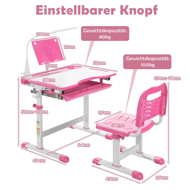 Costway – Höhenverstellbares Kinderschreibtisch-Set mit neigbarer Tischplatte, Bücherständer und LED-Lampe, Rosa