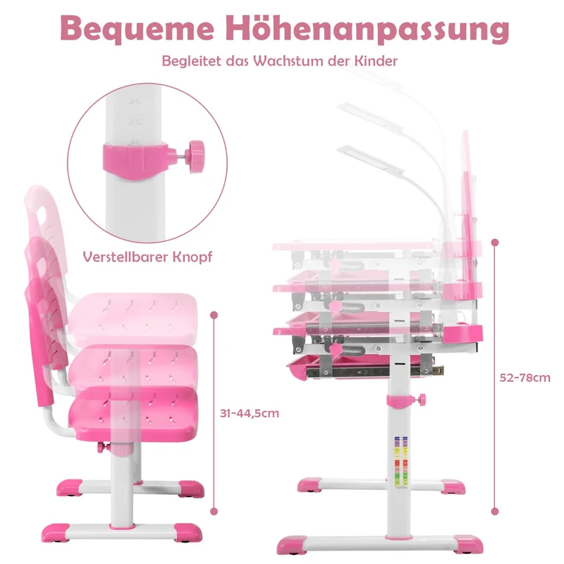 Costway – Höhenverstellbares Kinderschreibtisch-Set mit neigbarer Tischplatte, Bücherständer und LED-Lampe, Rosa