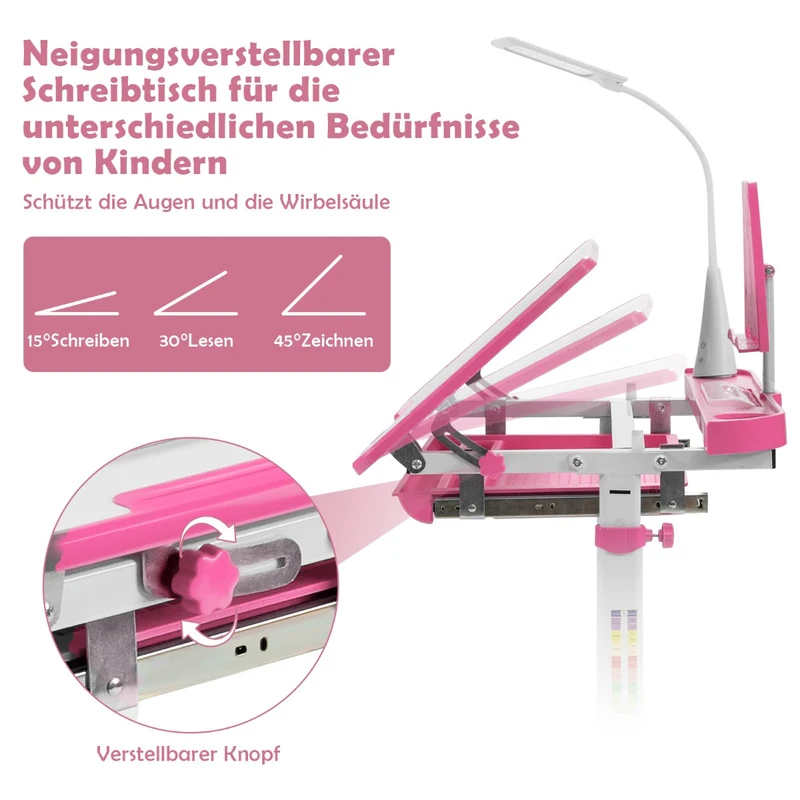 Costway – Höhenverstellbares Kinderschreibtisch-Set mit neigbarer Tischplatte, Bücherständer und LED-Lampe, Rosa