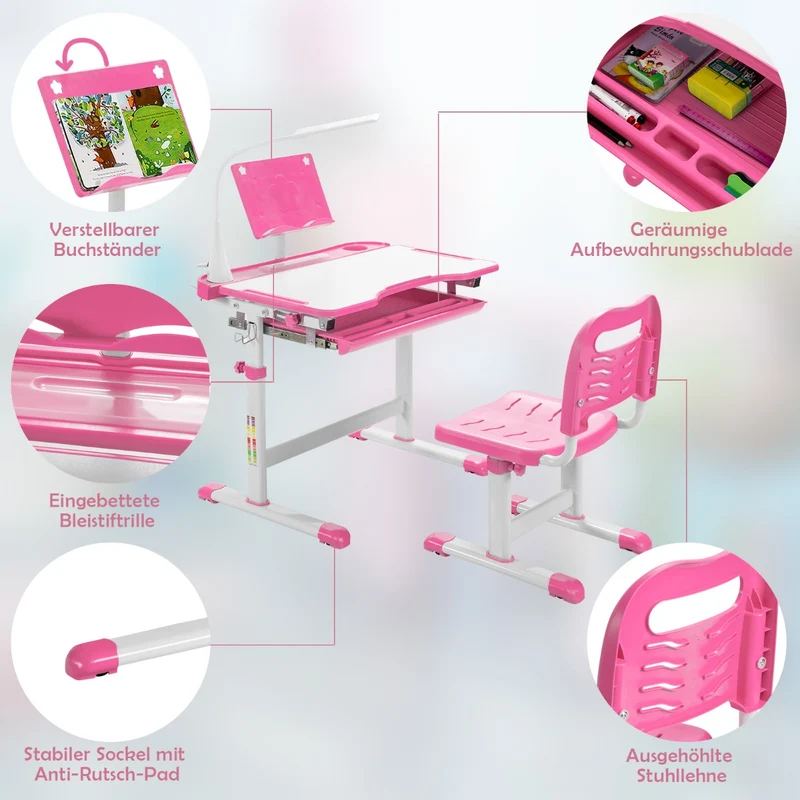 Costway – Höhenverstellbares Kinderschreibtisch-Set mit neigbarer Tischplatte, Bücherständer und LED-Lampe, Rosa