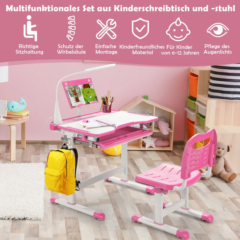 Costway – Höhenverstellbares Kinderschreibtisch-Set mit neigbarer Tischplatte, Bücherständer und LED-Lampe, Rosa