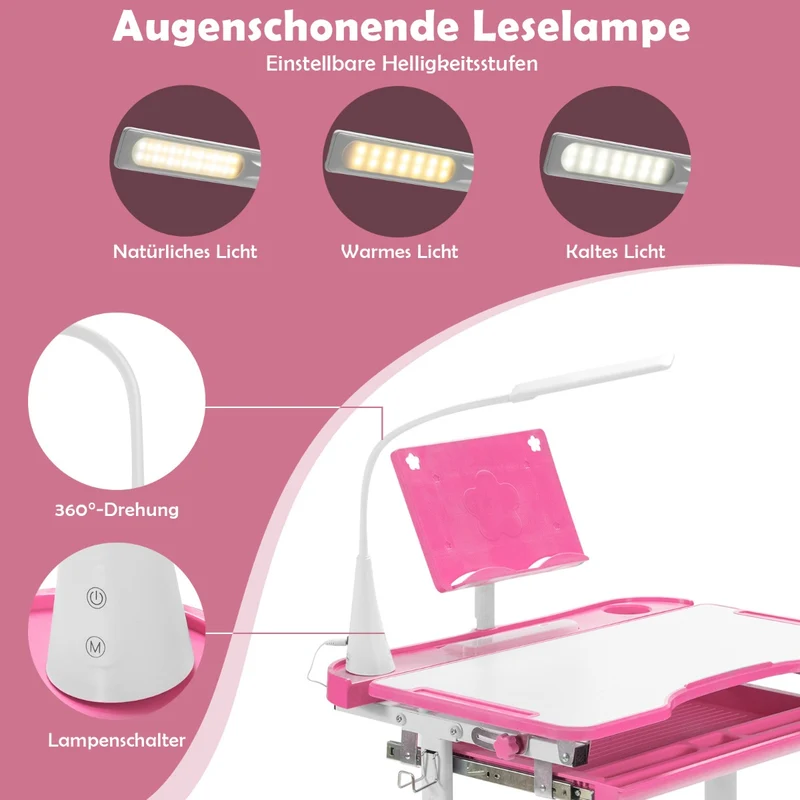 Costway – Höhenverstellbares Kinderschreibtisch-Set mit neigbarer Tischplatte, Bücherständer und LED-Lampe, Rosa