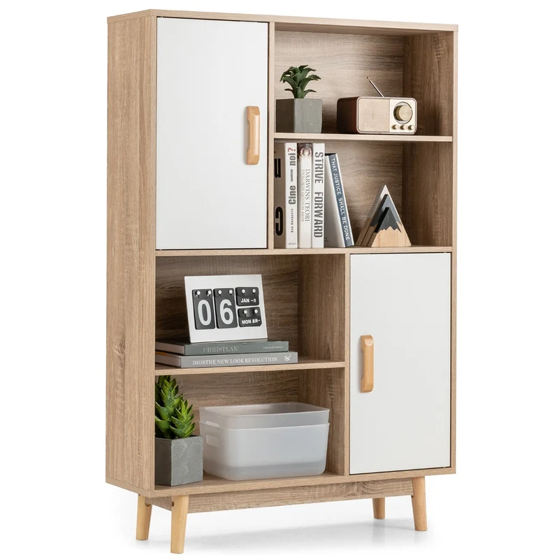 Costway - Bücherregal, Bücherregal 4-stöckiges, Bücherregal mit 2 Türen 4 offene Regale, 80 x 24 x 120 cm, Weiß
