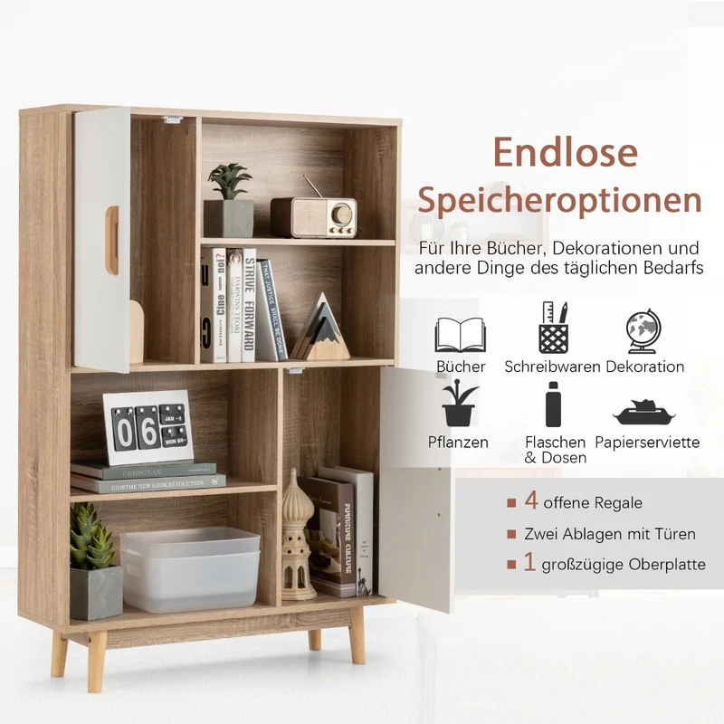 Costway - Bücherregal, Bücherregal 4-stöckiges, Bücherregal mit 2 Türen 4 offene Regale, 80 x 24 x 120 cm, Weiß