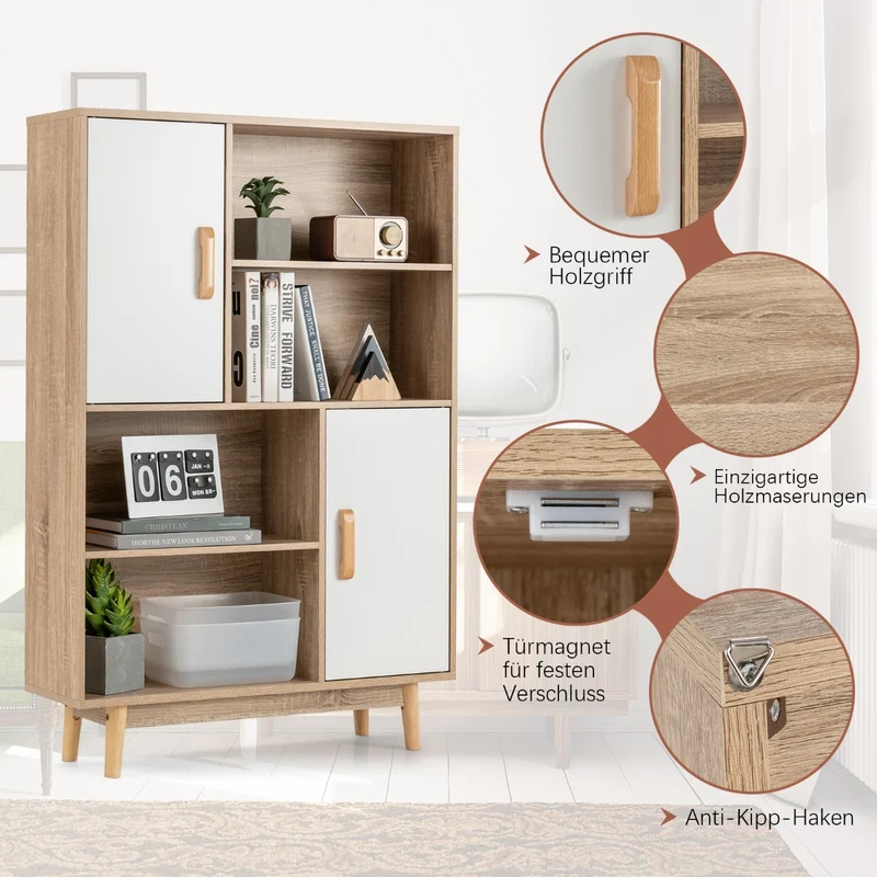 Costway - Bücherregal, Bücherregal 4-stöckiges, Bücherregal mit 2 Türen 4 offene Regale, 80 x 24 x 120 cm, Weiß