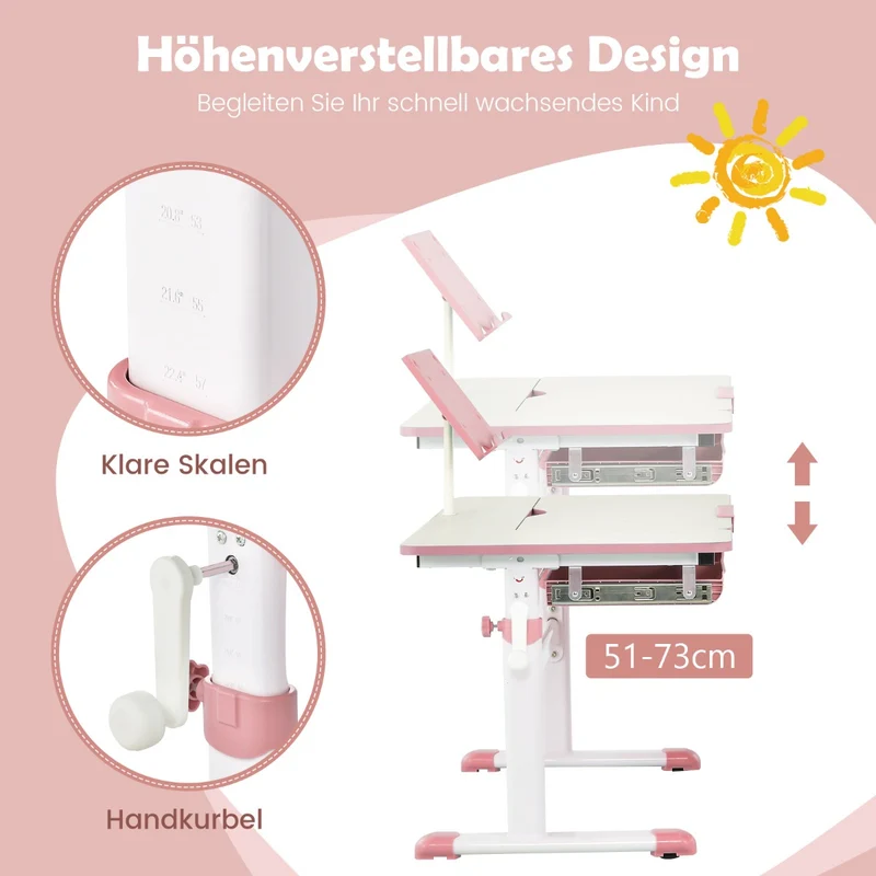 Costway – Höhenverstellbarer Kinderschreibtisch mit neigbarer Tischplatte und Bücherständer, Rosa