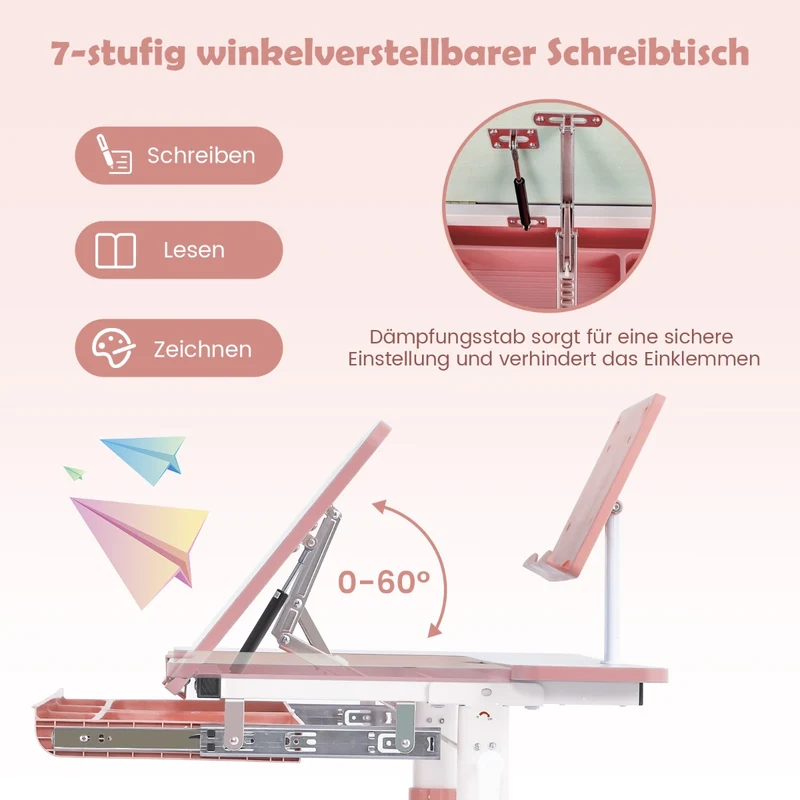 Costway – Höhenverstellbarer Kinderschreibtisch mit neigbarer Tischplatte und Bücherständer, Rosa