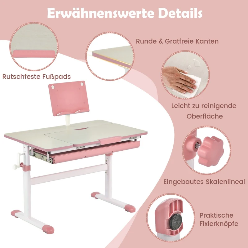 Costway – Höhenverstellbarer Kinderschreibtisch mit neigbarer Tischplatte und Bücherständer, Rosa