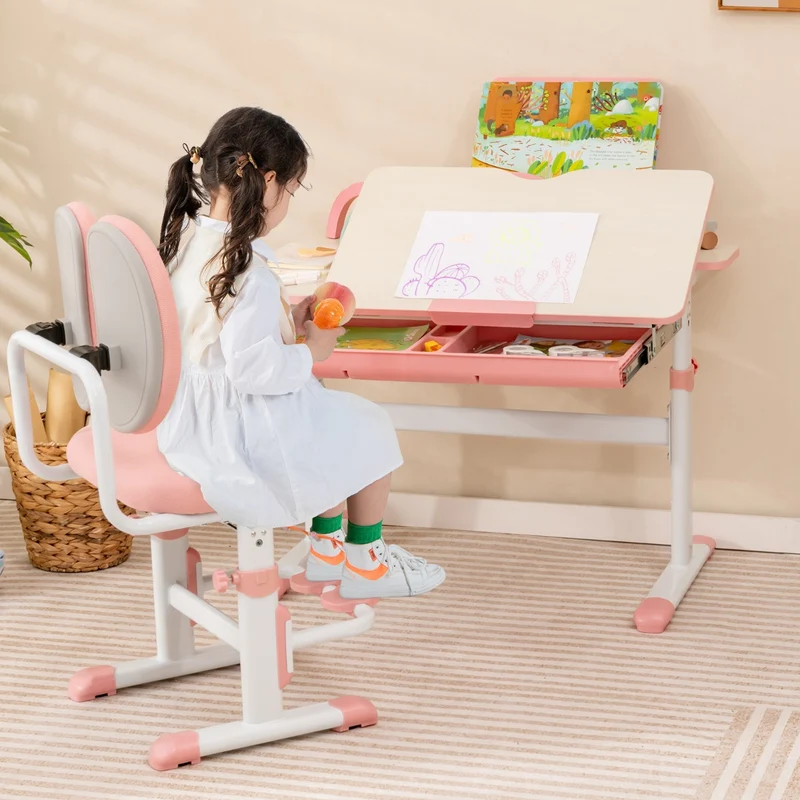 Costway – Höhenverstellbarer Kinderschreibtisch mit neigbarer Tischplatte und Bücherständer, Rosa