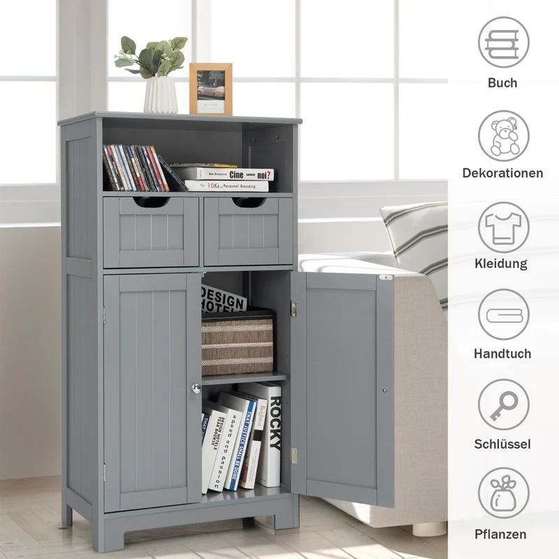 Costway - Badezimmer Unterschrank, Freistehender Schrank mit Schubladen für die Küche Badezimmer, Badezimmerschrank Schmal, 60x30x109cm, Grau