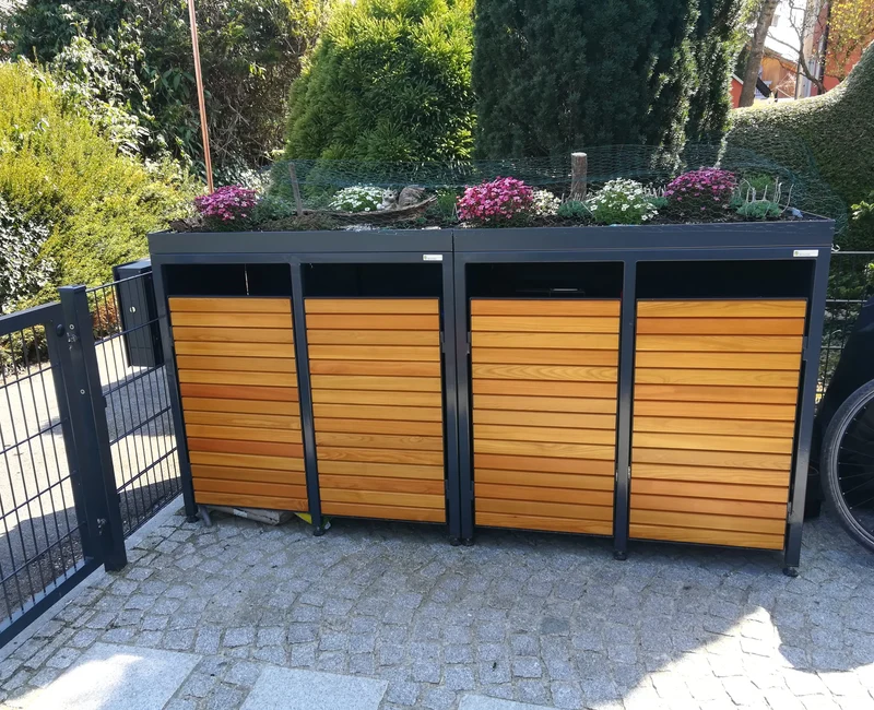 PREMIUM Holz 4er Mülltonnenbox mit Pflanzdach
