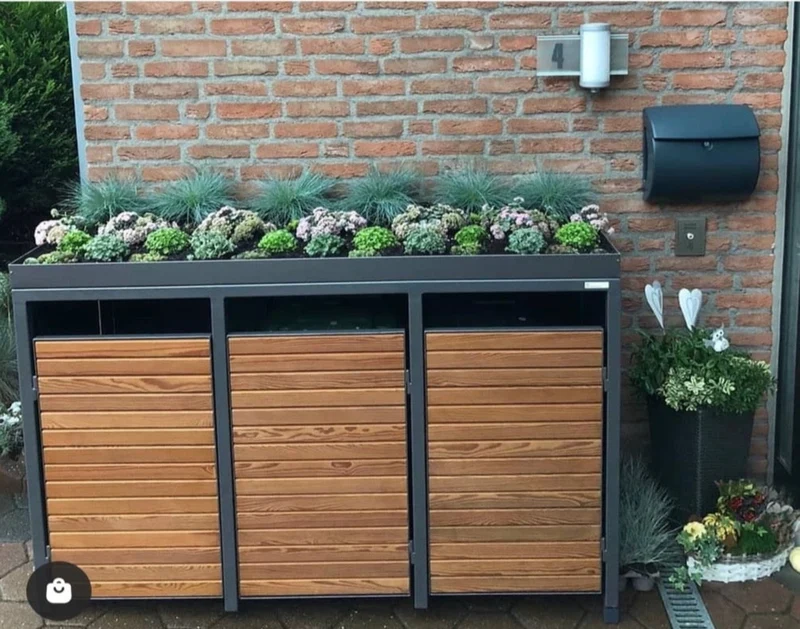 PREMIUM Holz 3er Mülltonnenbox mit Pflanzdach