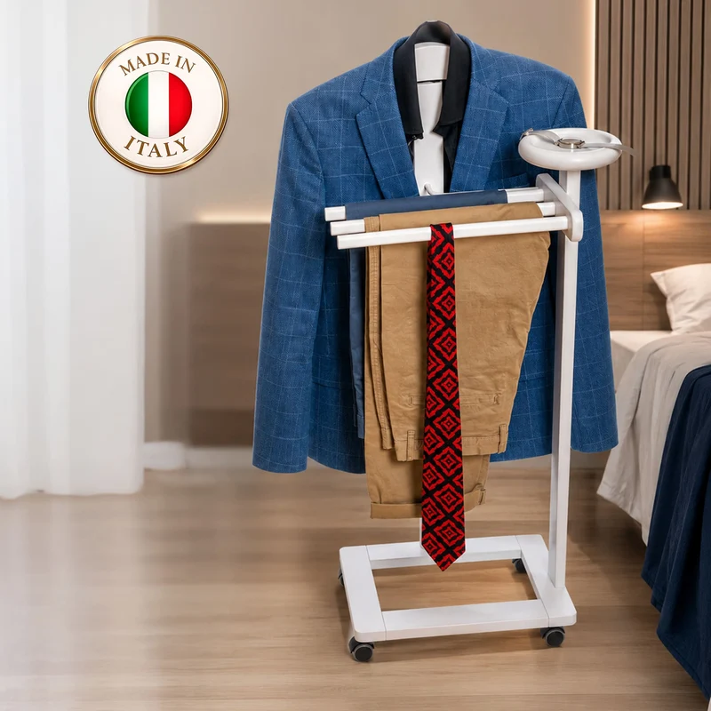Tatkraft Graf – Herrendiener, Made in Italy, Stummer Diener, auf Rollen, mit einem Kleiderbügel, 3 Hosenstangen und Ablage, aus Buchenholz, weiß