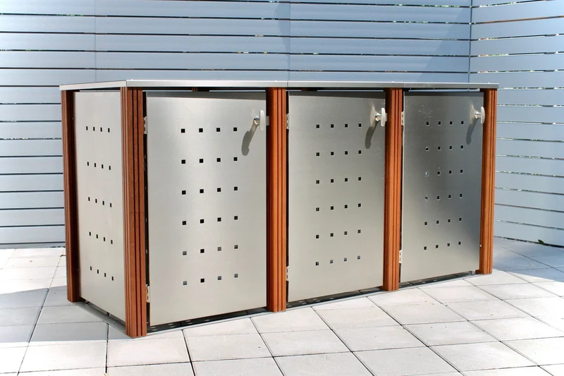 Mülltonnenbox bis 240 Liter Edelstahl Holzpfosten 3er Box