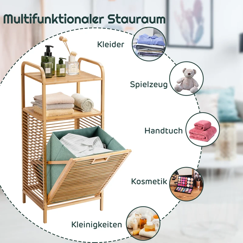 Costway – Badschrank aus Bambus mit ausklappbarem Wäschekorb und Ablage, 40,5 × 33 × 95,5 cm, Natur