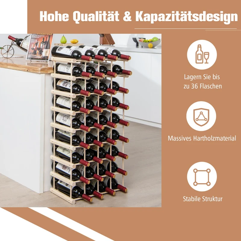 Costway – Modulares Weinregal aus Holz für 36 Flaschen, 5 Ebenen, Natur.