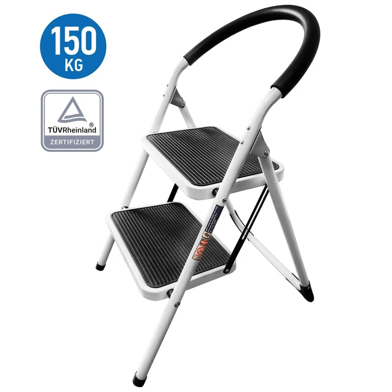 WonderWorker Barrow - Trittleiter, Trittleiter 2 Stufen, Schwerlast, Bis 150 Kg, Trittleiter Klappbar, 2 Große Gummierte Rutschfeste Stufen, Aus Stahl