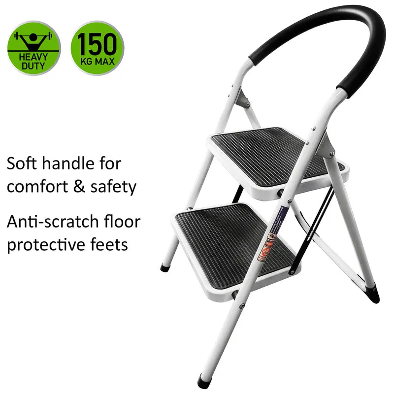 WonderWorker Barrow - Trittleiter, Trittleiter 2 Stufen, Schwerlast, Bis 150 Kg, Trittleiter Klappbar, 2 Große Gummierte Rutschfeste Stufen, Aus Stahl