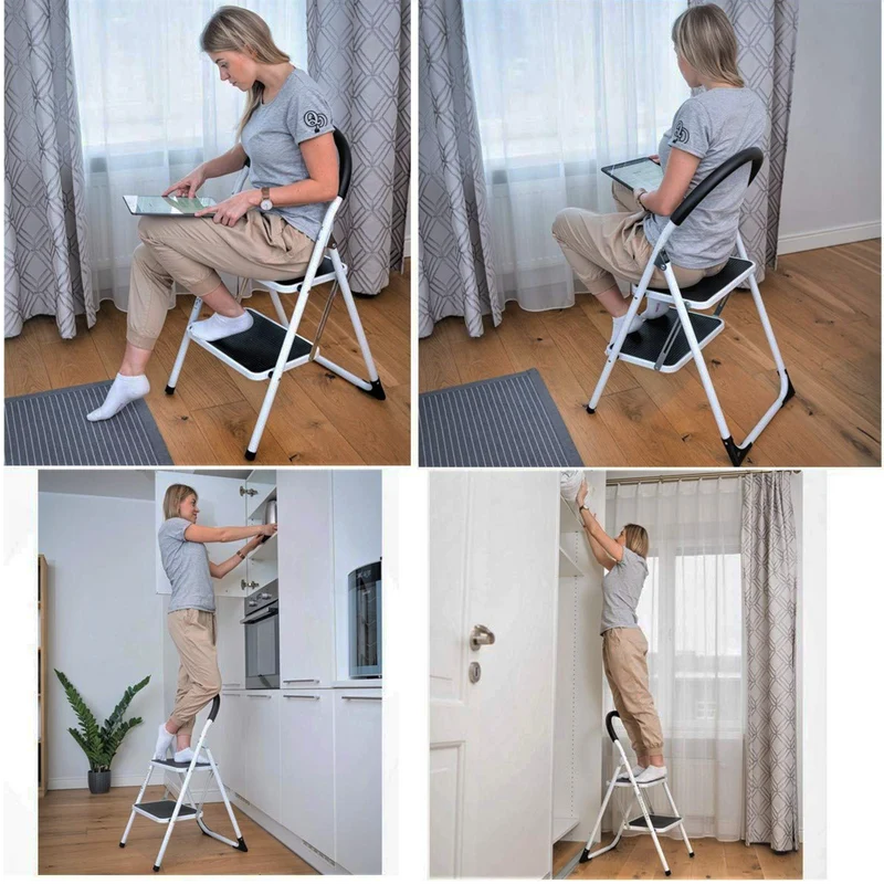 WonderWorker Barrow - Trittleiter, Trittleiter 2 Stufen, Schwerlast, Bis 150 Kg, Trittleiter Klappbar, 2 Große Gummierte Rutschfeste Stufen, Aus Stahl