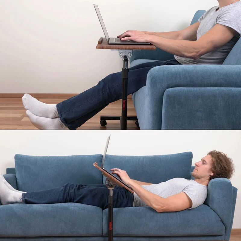 Tatkraft Gain – Laptoptisch Höhenverstellbar, Laptoptisch fürs Sofa, Bett, neigbare Tischplatte, mit Rollen, verchromter Stahl, MDF, Walnussoptik