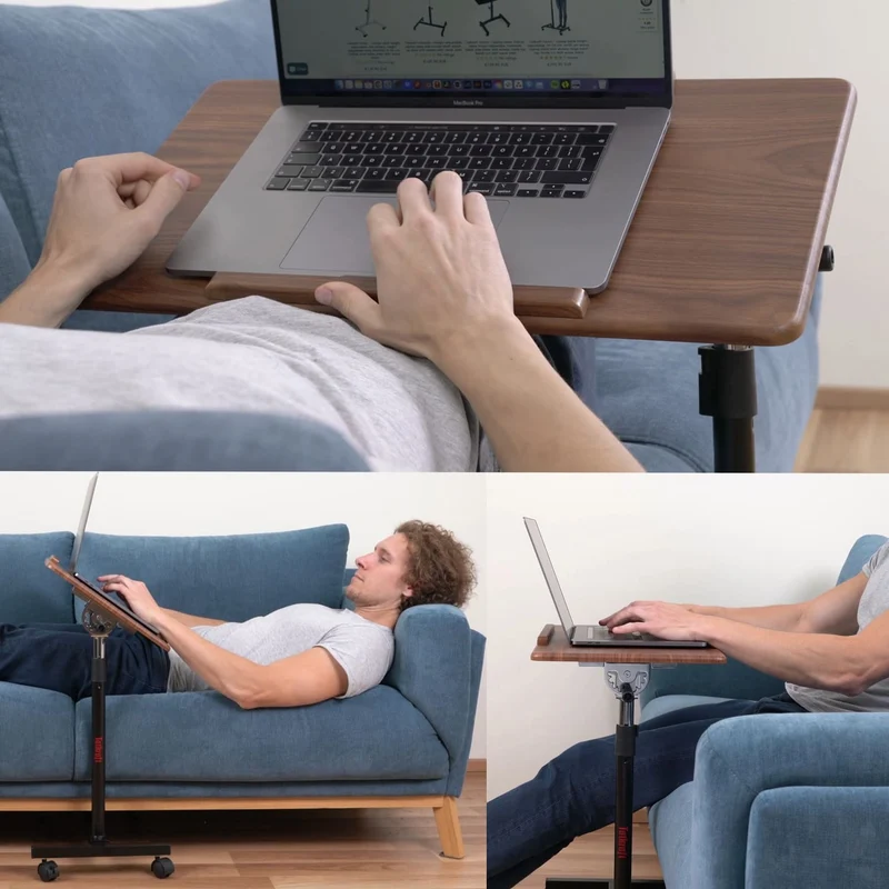 Tatkraft Gain – Laptoptisch Höhenverstellbar, Laptoptisch fürs Sofa, Bett, neigbare Tischplatte, mit Rollen, verchromter Stahl, MDF, Walnussoptik