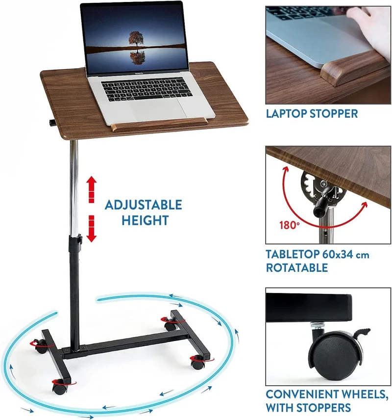 Tatkraft Gain – Laptoptisch Höhenverstellbar, Laptoptisch fürs Sofa, Bett, neigbare Tischplatte, mit Rollen, verchromter Stahl, MDF, Walnussoptik