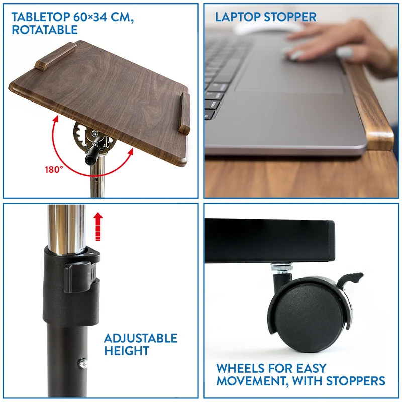 Tatkraft Gain – Laptoptisch Höhenverstellbar, Laptoptisch fürs Sofa, Bett, neigbare Tischplatte, mit Rollen, verchromter Stahl, MDF, Walnussoptik
