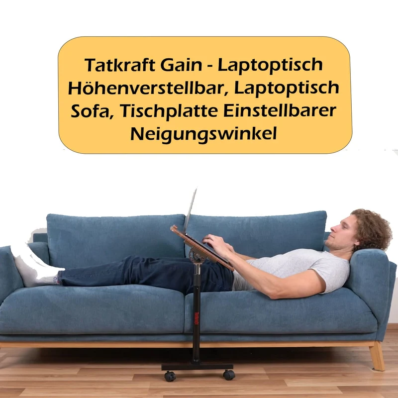 Tatkraft Gain – Laptoptisch Höhenverstellbar, Laptoptisch fürs Sofa, Bett, neigbare Tischplatte, mit Rollen, verchromter Stahl, MDF, Walnussoptik