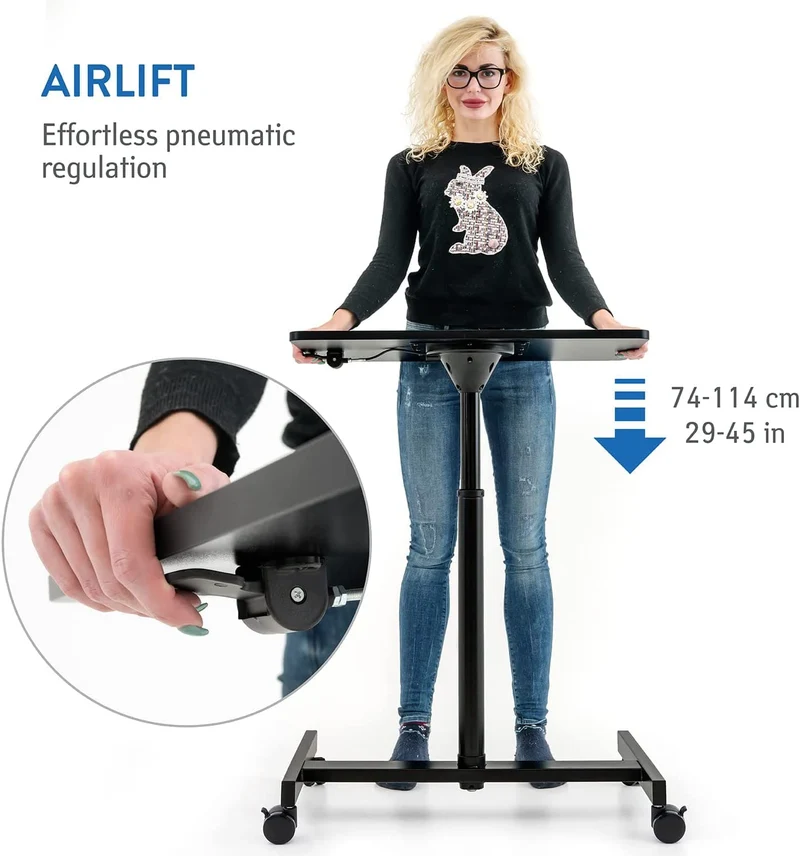 Tatkraft Focus – Höhenverstellbarer Laptoptisch mit Gasfeder und Rollen, 74–114 cm, Schwarz