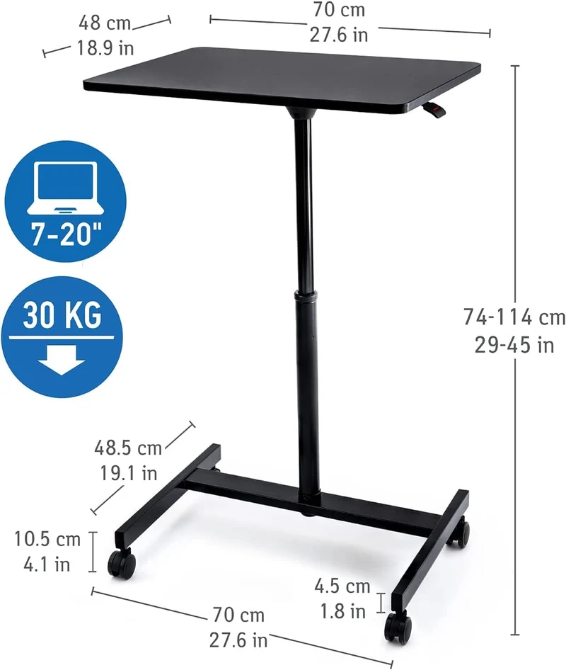 Tatkraft Focus – Höhenverstellbarer Laptoptisch mit Gasfeder und Rollen, 74–114 cm, Schwarz