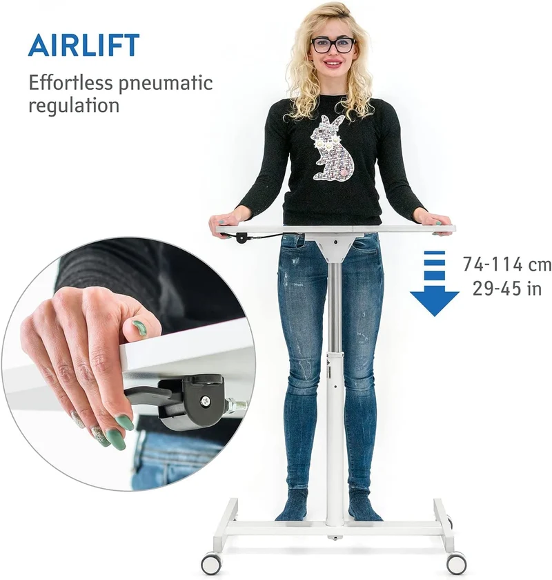 Tatkraft Trend – Höhenverstellbarer Laptoptisch mit Gasfeder und Rollen, 74–114 cm, Tischplatte 70 × 48 cm, Weiß