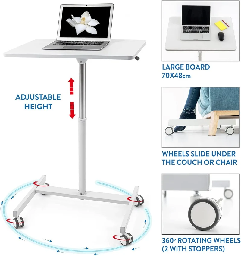 Tatkraft Trend – Höhenverstellbarer Laptoptisch mit Gasfeder und Rollen, 74–114 cm, Tischplatte 70 × 48 cm, Weiß